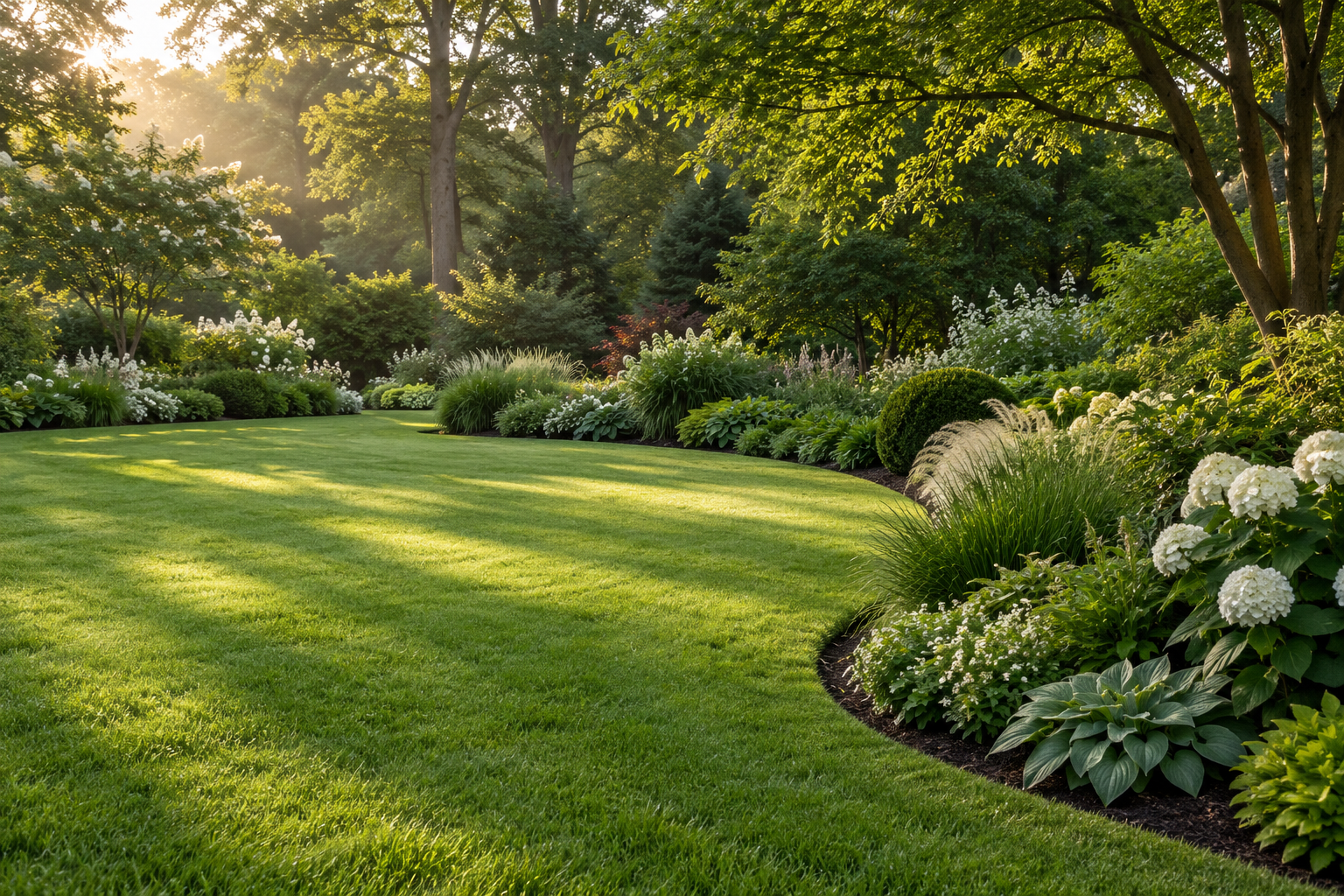 Illustrative garden with a curved green lawn, leafy planting beds and warm sunlight